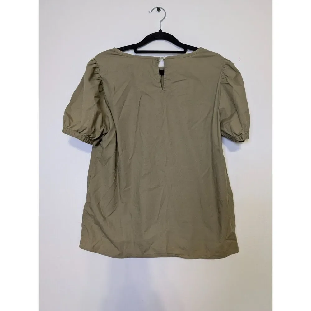 J Crew Olive Green Puff Sleeve Top Cotton Poplin Size Small Earthy Preppy